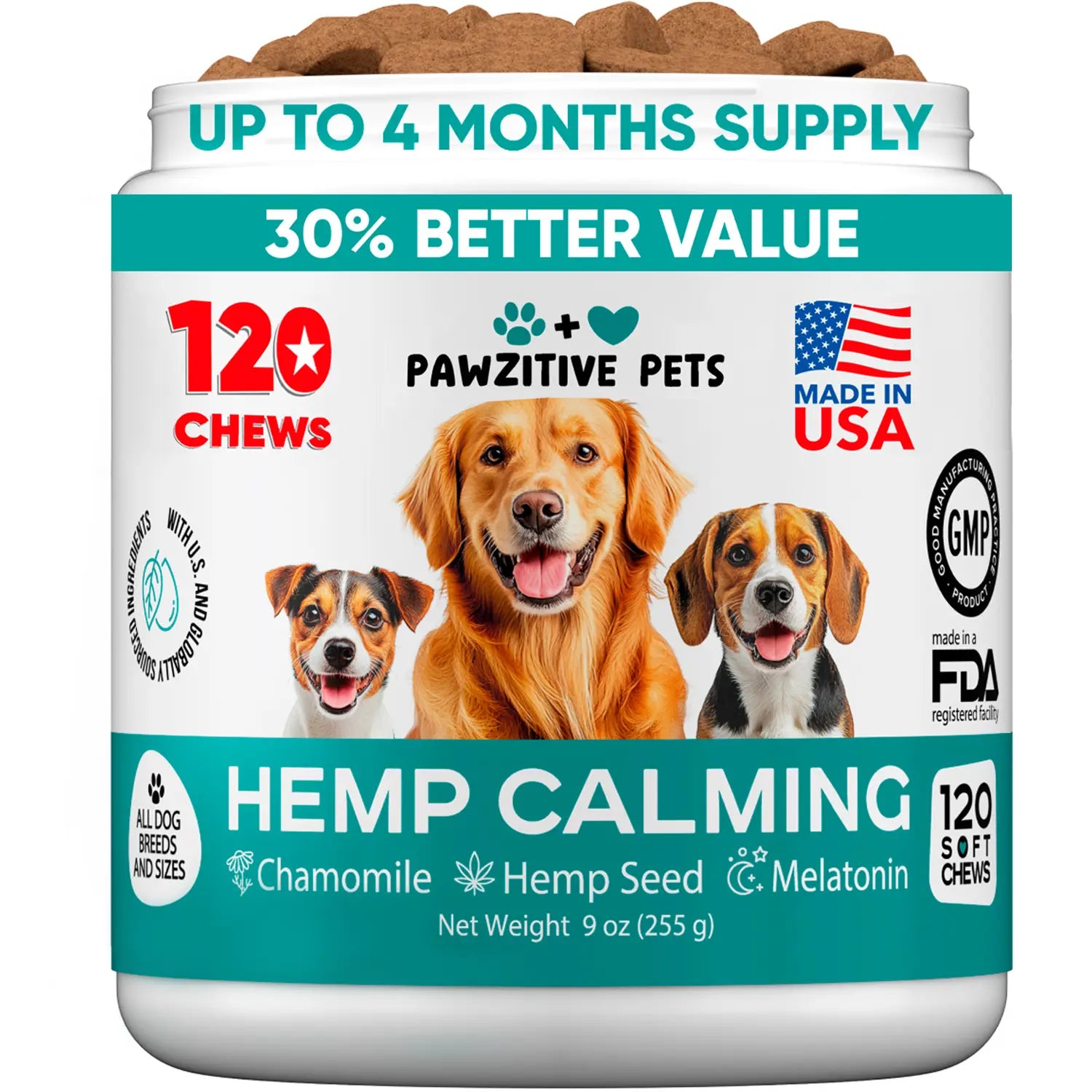 Hemp Calming Chews for Dogs - Dog Calming Chews for Anxiety Relief, Stress, Separation, Fireworks, Thunder, Travel, Vet Visits - USA Product - 120 Soft Treats with Melatonin, Chamomile, Passion Flower
